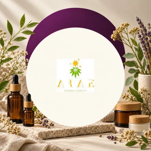 Logotipo de ARAE en un círculo claro, rodeado de frascos con cuentagotas, tarros con tapas de madera y flores.