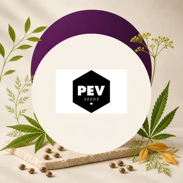 Logotipo de PEV Seeds en un hexágono negro, sobre un círculo claro rodeado de semillas y hojas de cannabis.