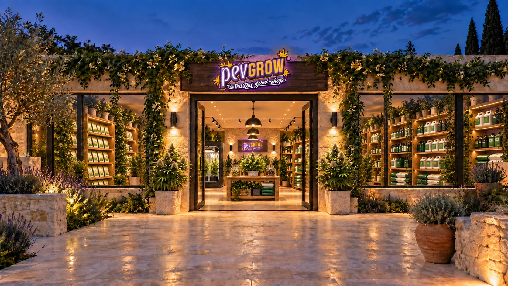 Fachada de Pevgrow al anochecer, con entrada abierta, escaparates iluminados y vegetación que rodea el rótulo y las ventanas.